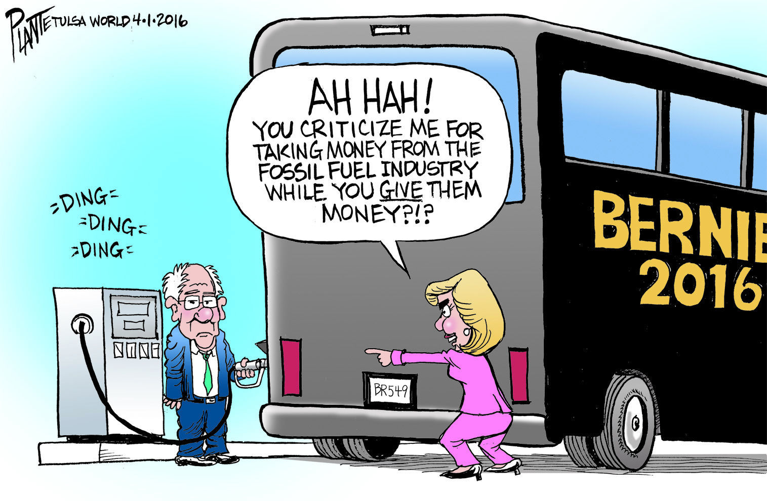 Bruce Plante Cartoon: Hillary vs. Bernie on fossil fuel money
